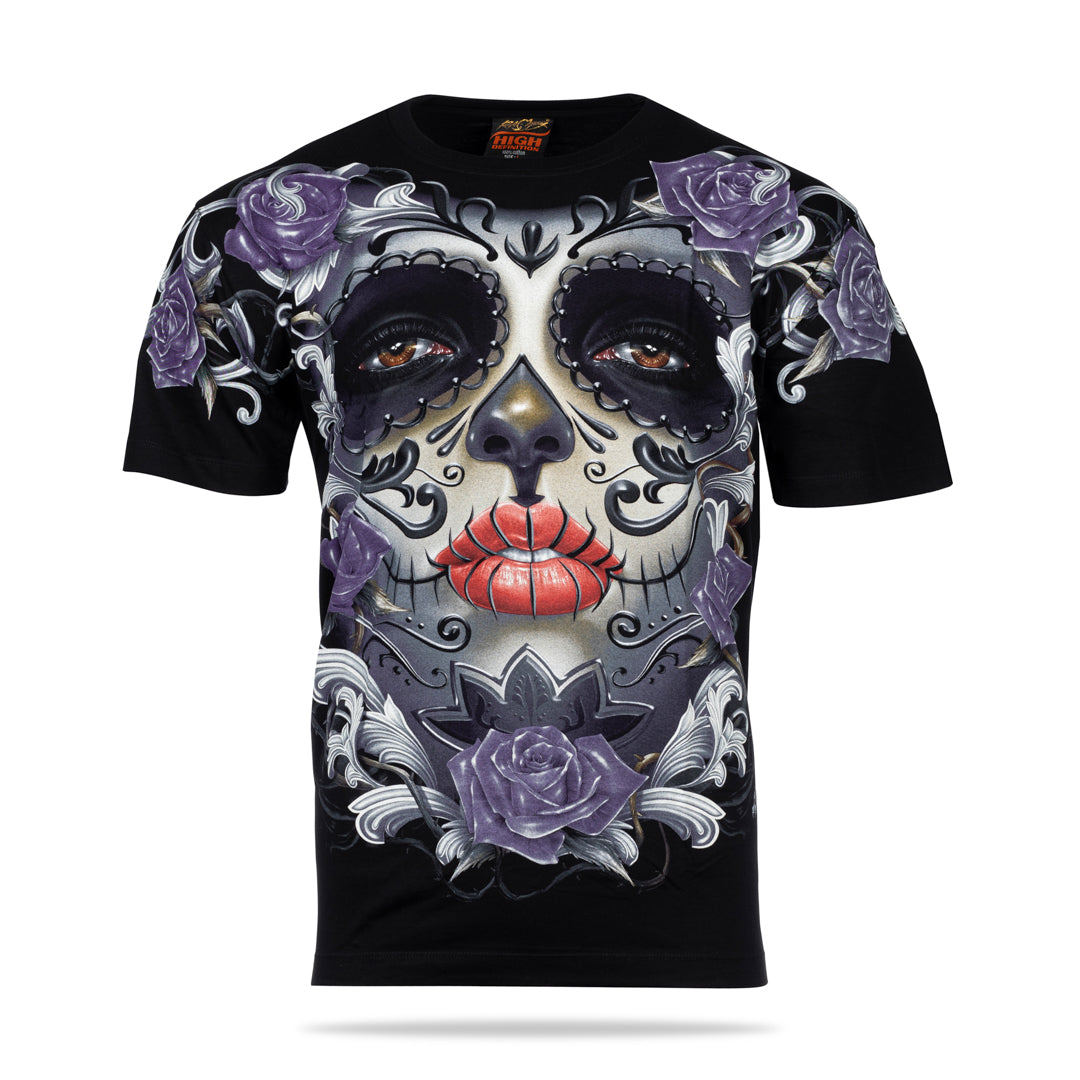 Schwarzes T-Shirt mit Purpleface-Print, Vorderseite 