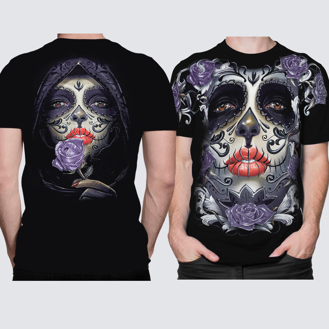Schwarzes T-Shirt mit Purpleface-Print, Vorder- und Rückseite