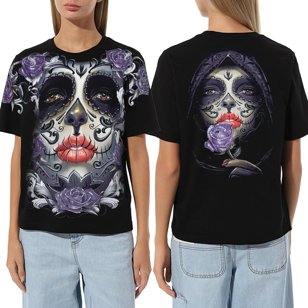 Schwarzes T-Shirt mit Purpleface-Print, Vorder- und Rückseite