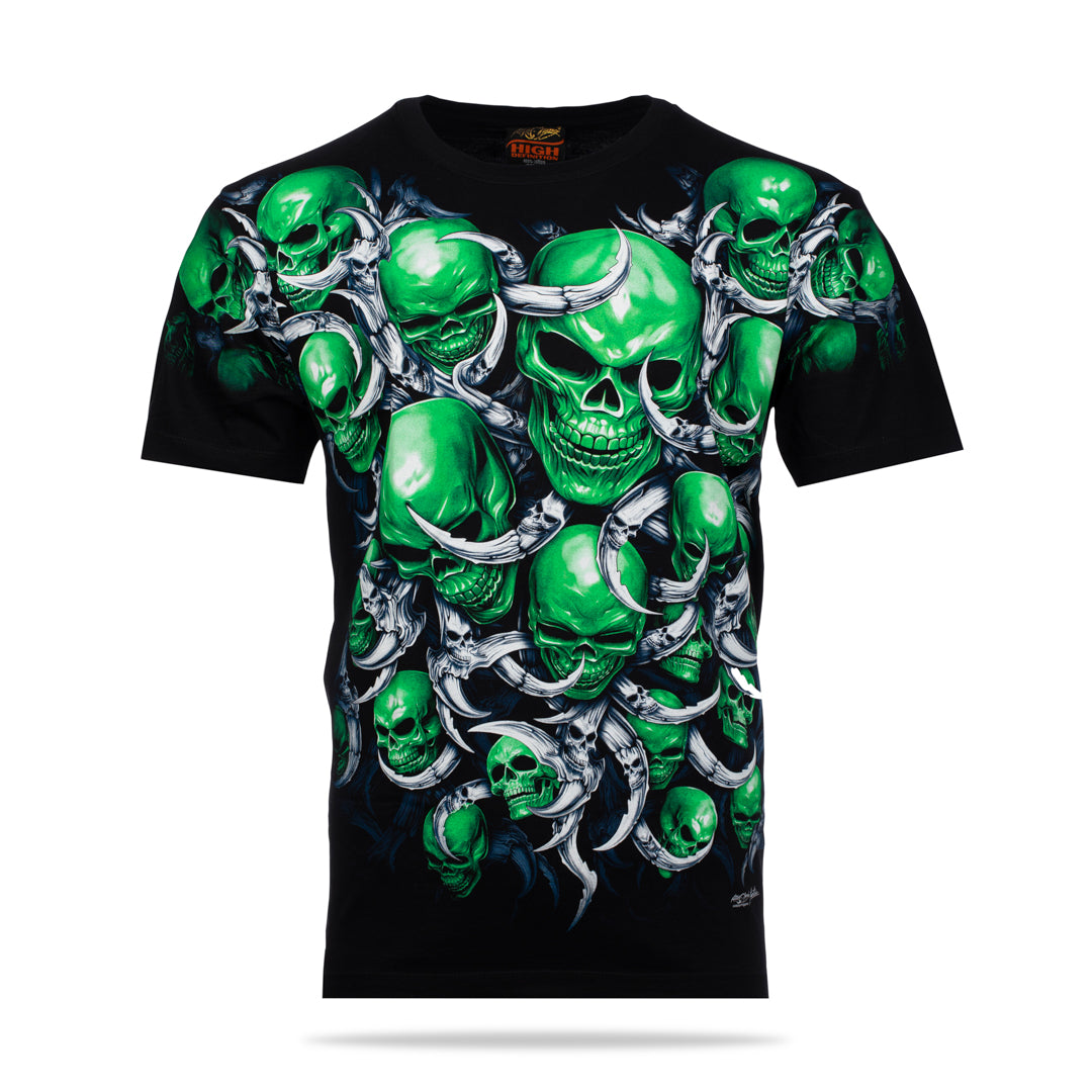 Schwarzes T-Shirt mit grünen Totenköpfen-Print, Vorderseite