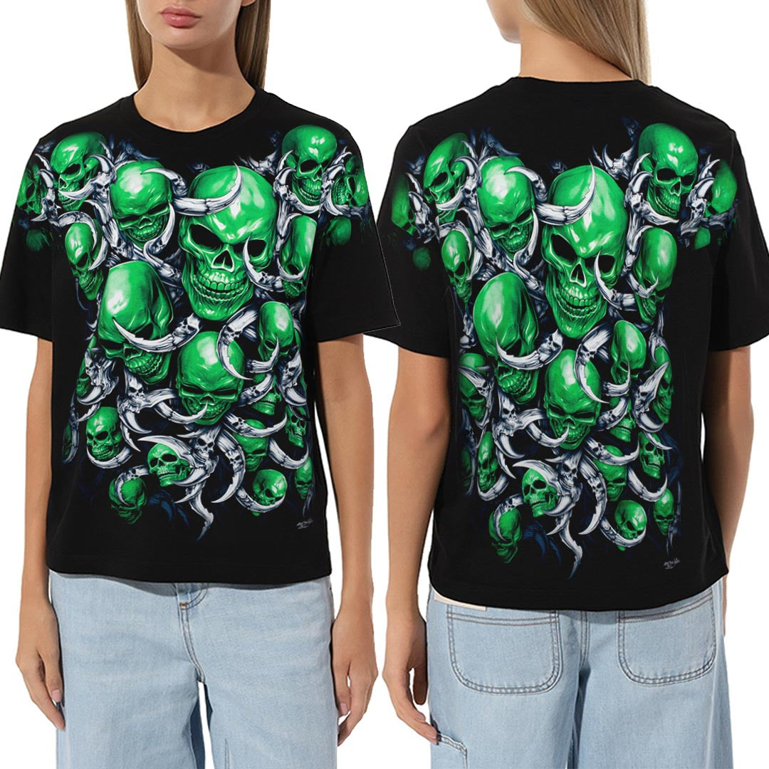 Schwarzes T-Shirt mit grünen Totenköpfen-Print, Vorder- und Rückseite