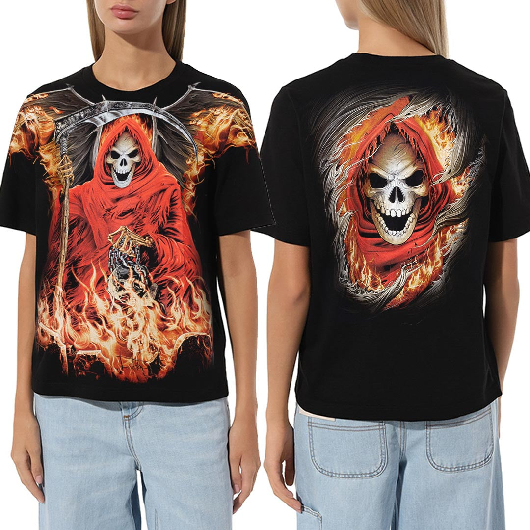 Schwarzes T-Shirt mit Fegefeuer-Print, Vorder- und Rückseite