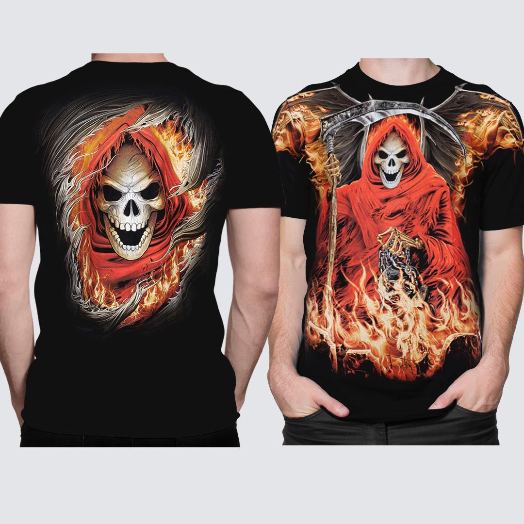 Schwarzes T-Shirt mit Fegefeuer-Print, Vorder- und Rückseite