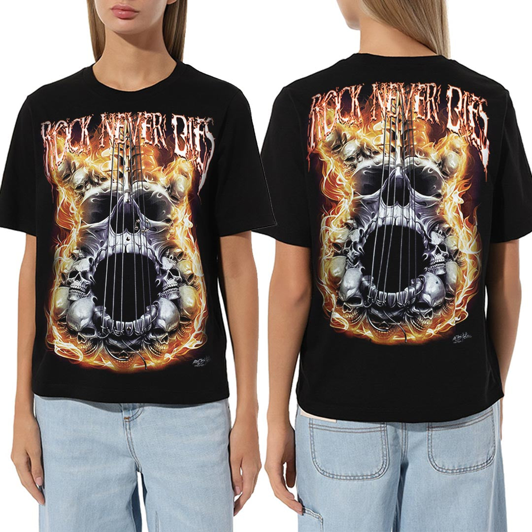 Schwarzes T-Shirt mit Skull Strings Rock never die-Print, Vorder- und Rückseite 