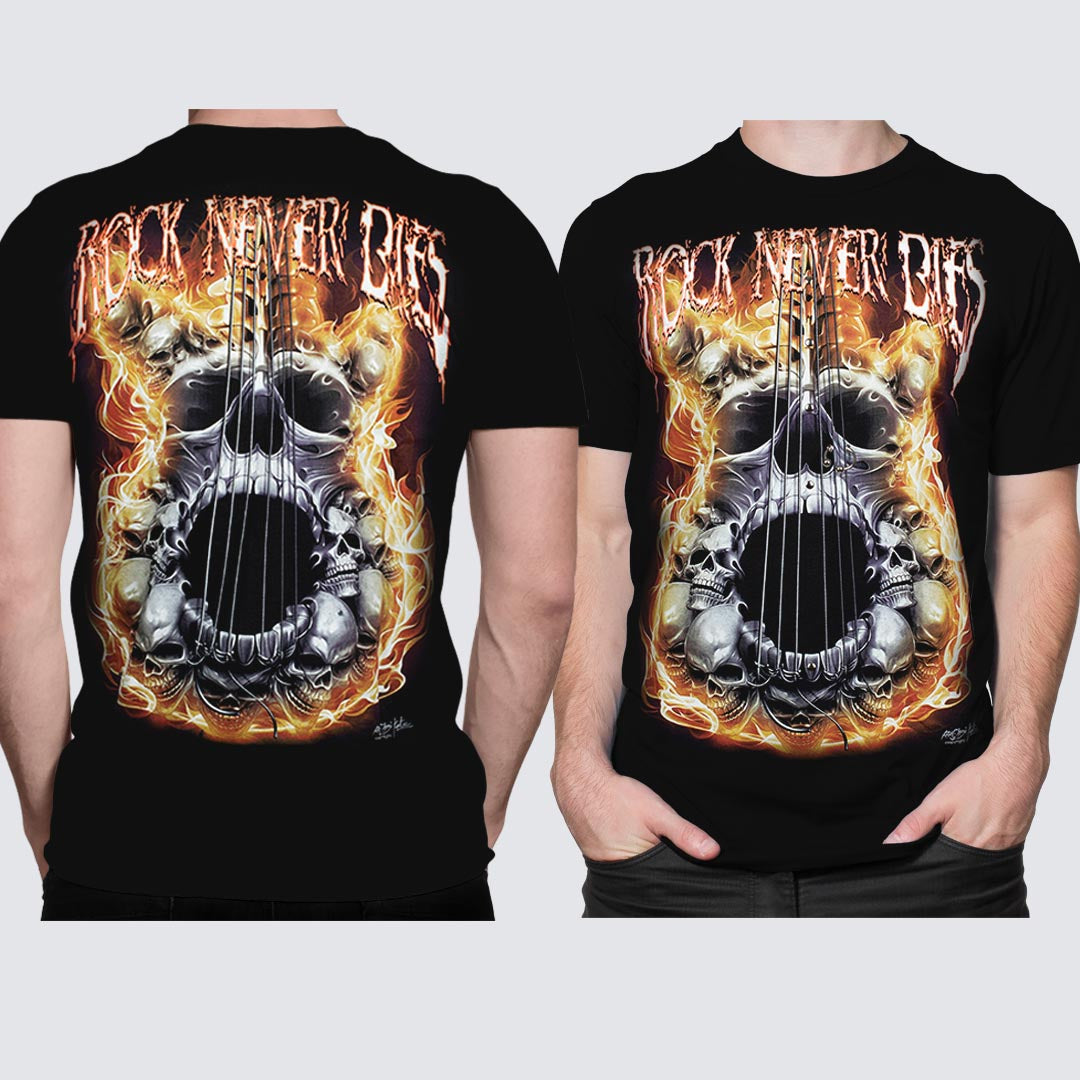 Schwarzes T-Shirt mit Skull Strings Rock never die-Print, Vorder- und Rückseite 