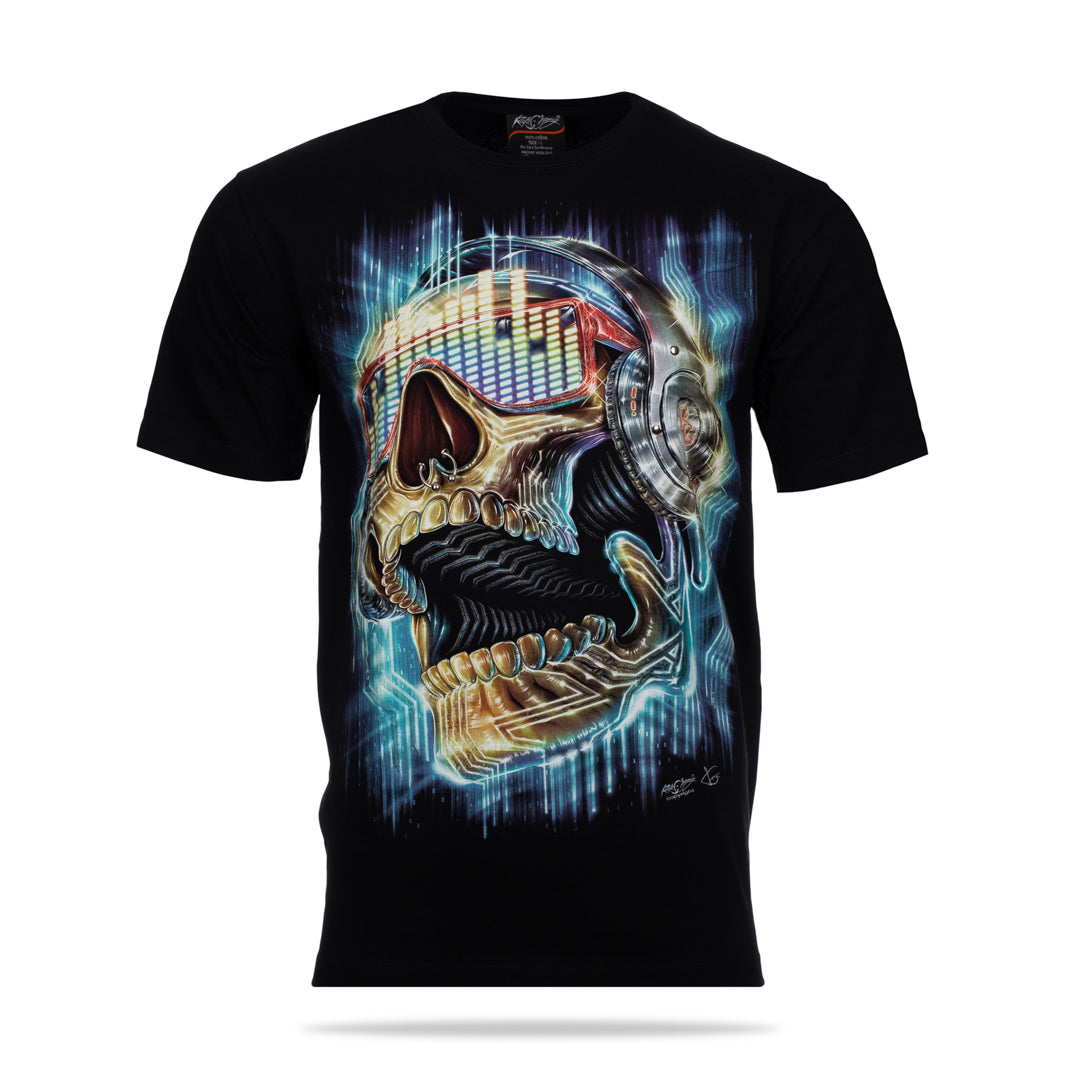 Schwarzes T-Shirt mit Totenkopfhörer-Print, Vorderseite 