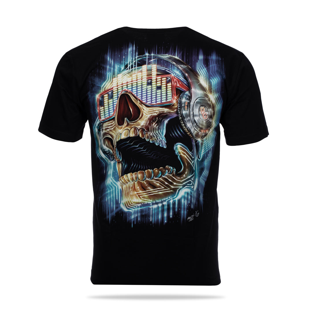 Schwarzes T-Shirt mit Totenkopfhörer-Print, Rückseite 