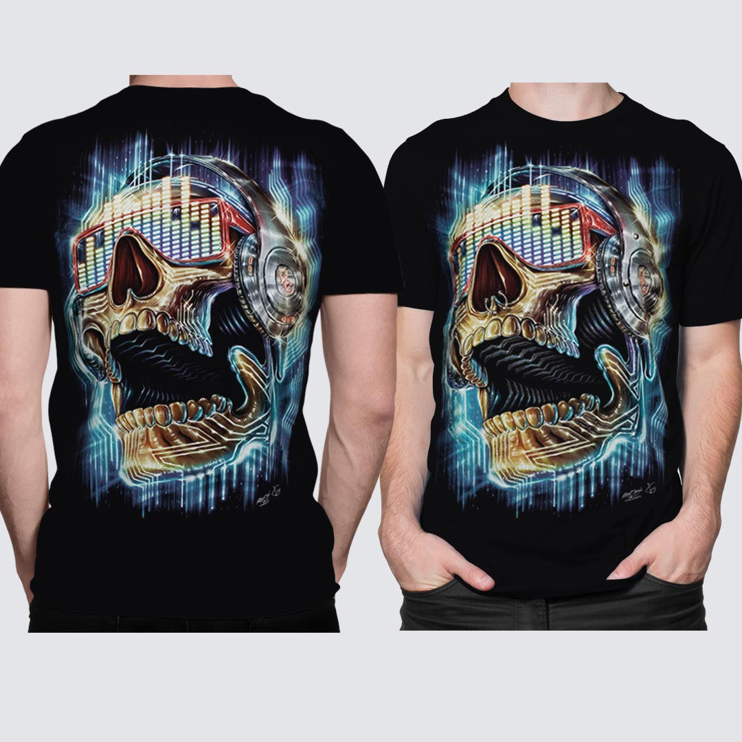 Schwarzes T-Shirt mit Totenkopfhörer-Print, Vorder- und Rückseite