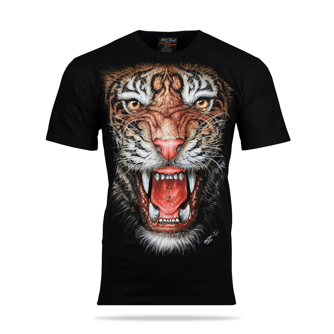 Schwarzes T-Shirt mit Tigerkopf-Print, Vorderseite 