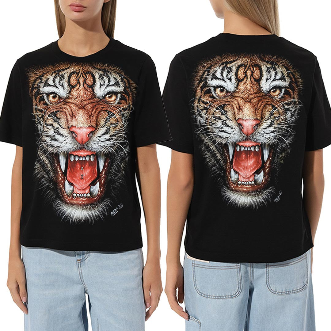 Schwarzes T-Shirt mit Tigerkopf-Print, Vorder- und Rückseite