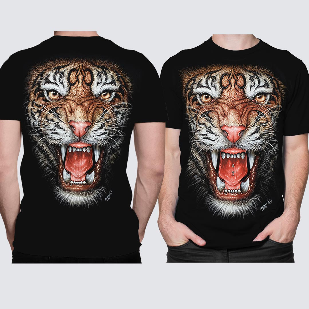 Schwarzes T-Shirt mit Tigerkopf-Print, Vorder- und Rückseite   