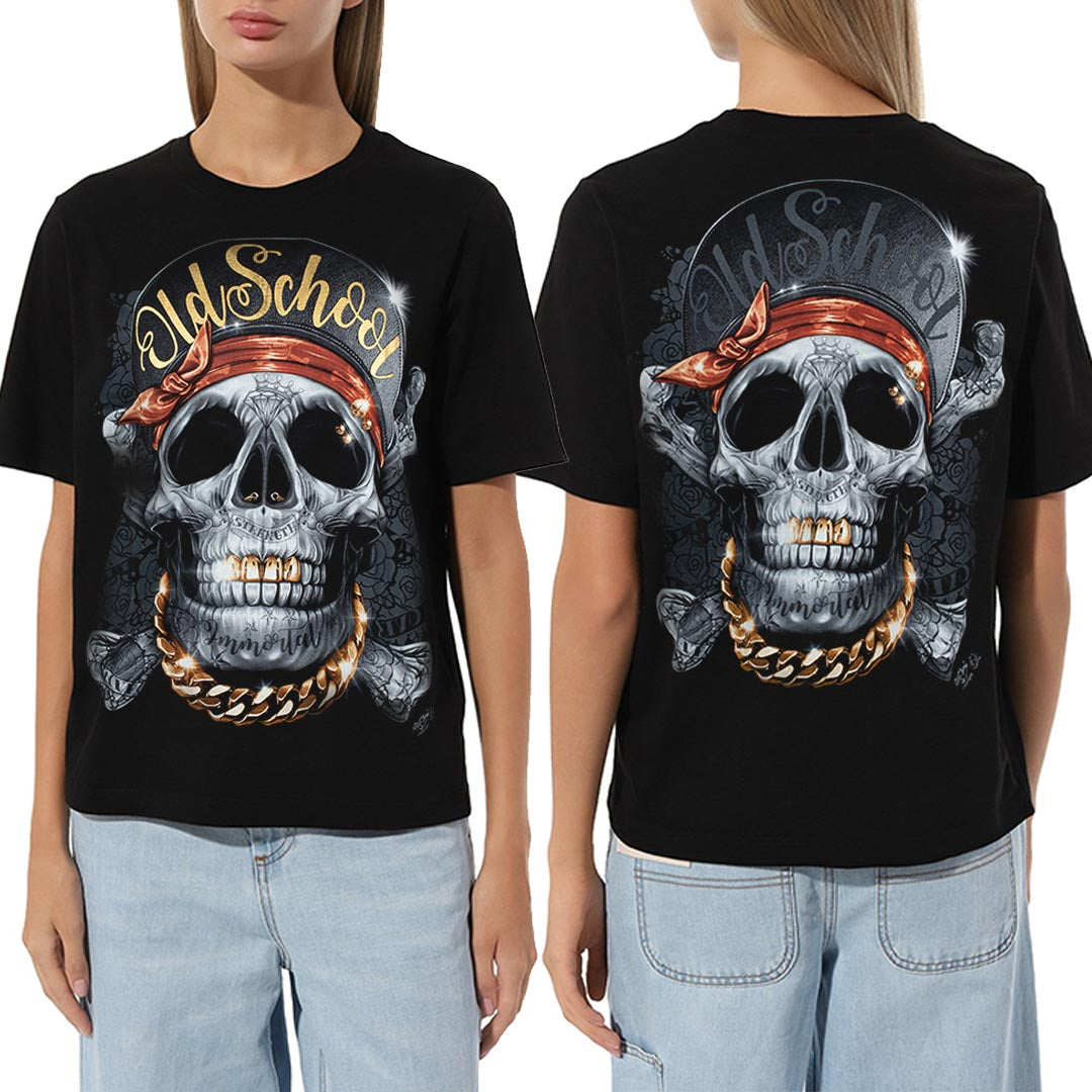 Schwarzes T-Shirt mit Skull & Bone Old School-Print, Vorder- und Rückseite
