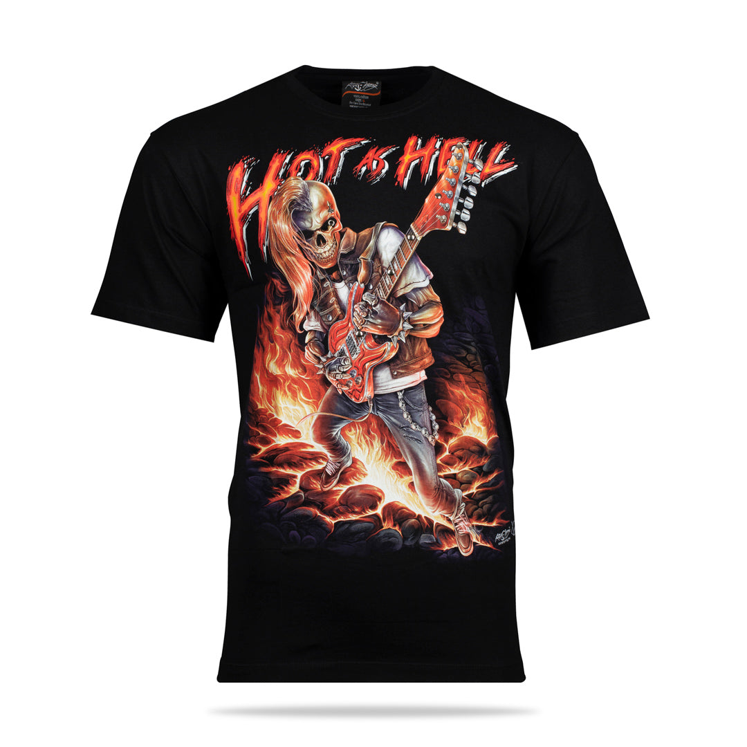 Schwarzes T-Shirt mit Death Metal Hot as Hell-Print, Vorderseite 