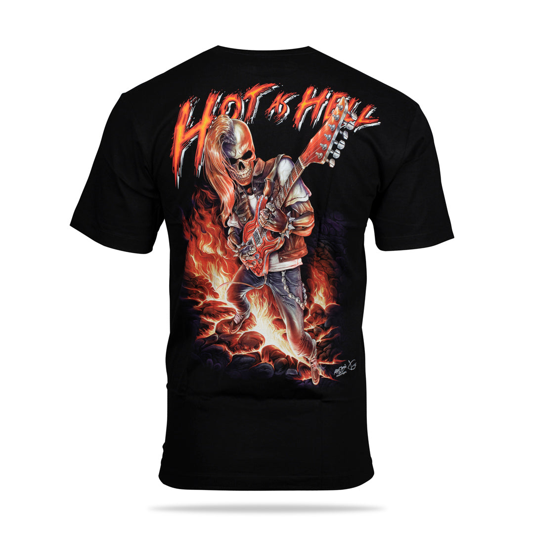 Schwarzes T-Shirt mit Death Metal Hot as Hell-Print, Rückseite 