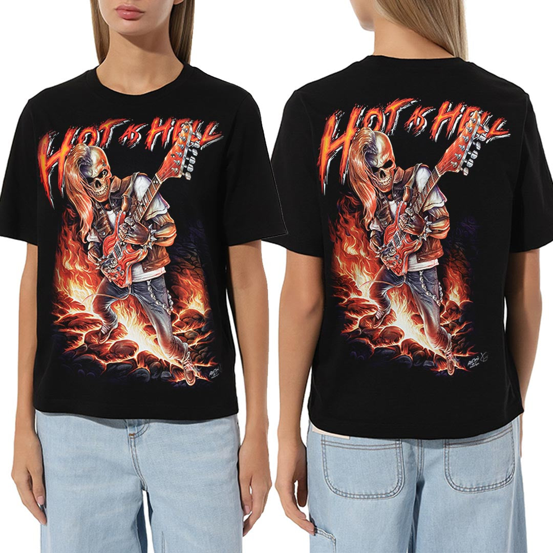 Schwarzes T-Shirt mit Death Metal Hot as Hell-Print, Vorder- und Rückseite