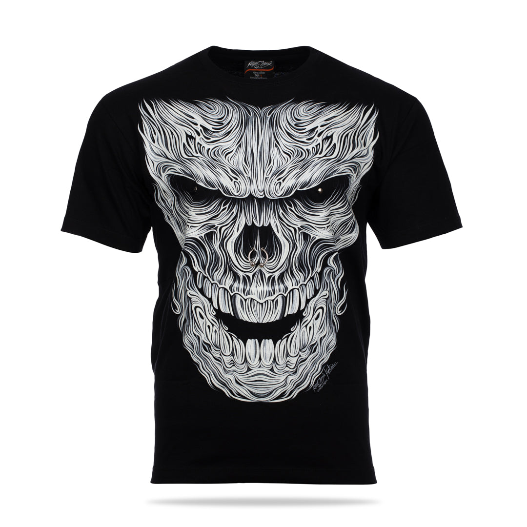 Schwarzes T-Shirt mit Weißem Totenkopf Piercing-Print, Vorderseite 