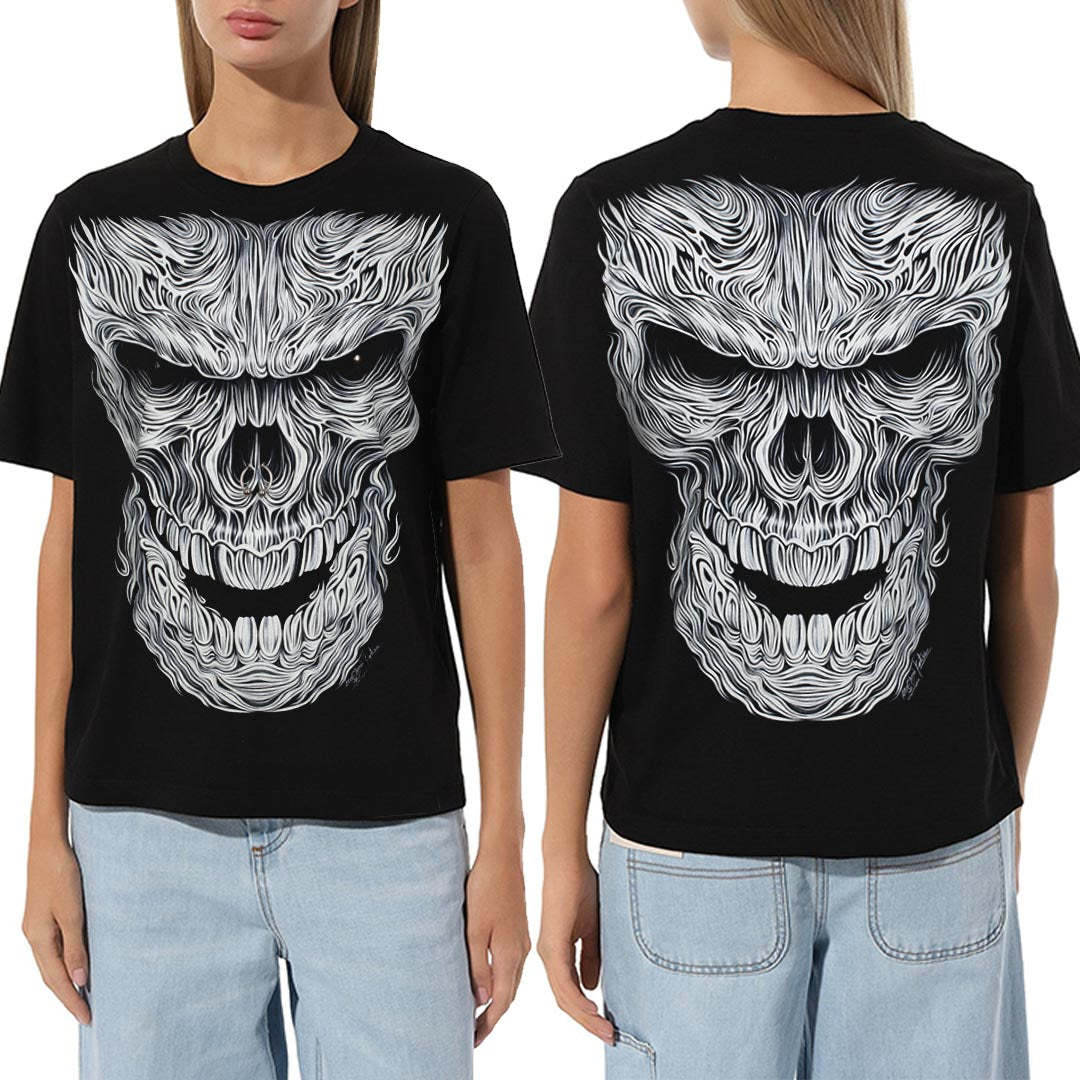 Schwarzes T-Shirt mit Weißem Totenkopf Piercing-Print, Vorder- und Rückseite