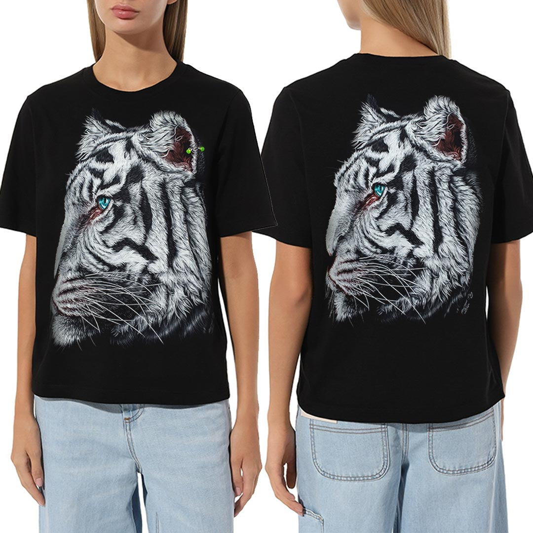 Schwarzes T-Shirt mit Seitlichem Tigerkopf-Print, Vorder- und Rückseite