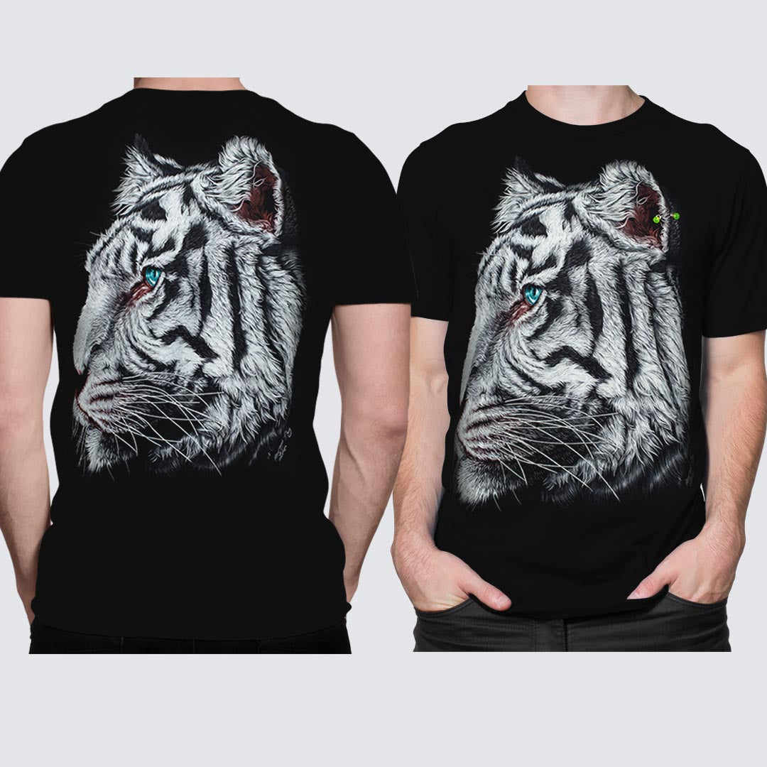 Schwarzes T-Shirt mit Seitlichem Tigerkopf-Print, Vorder- und Rückseite