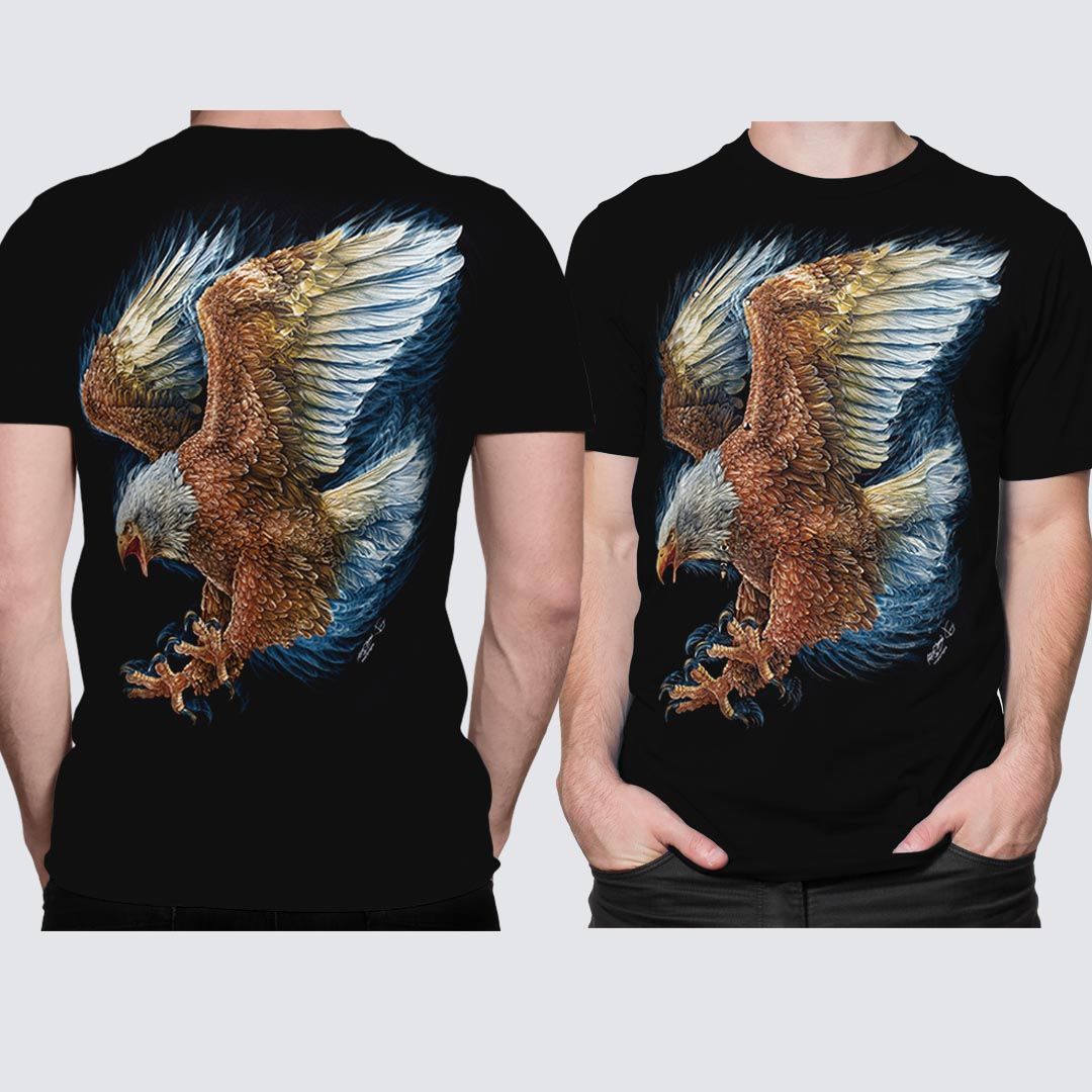 Schwarzes T-Shirt mit Adler-Print, Vorder- und Rückseite