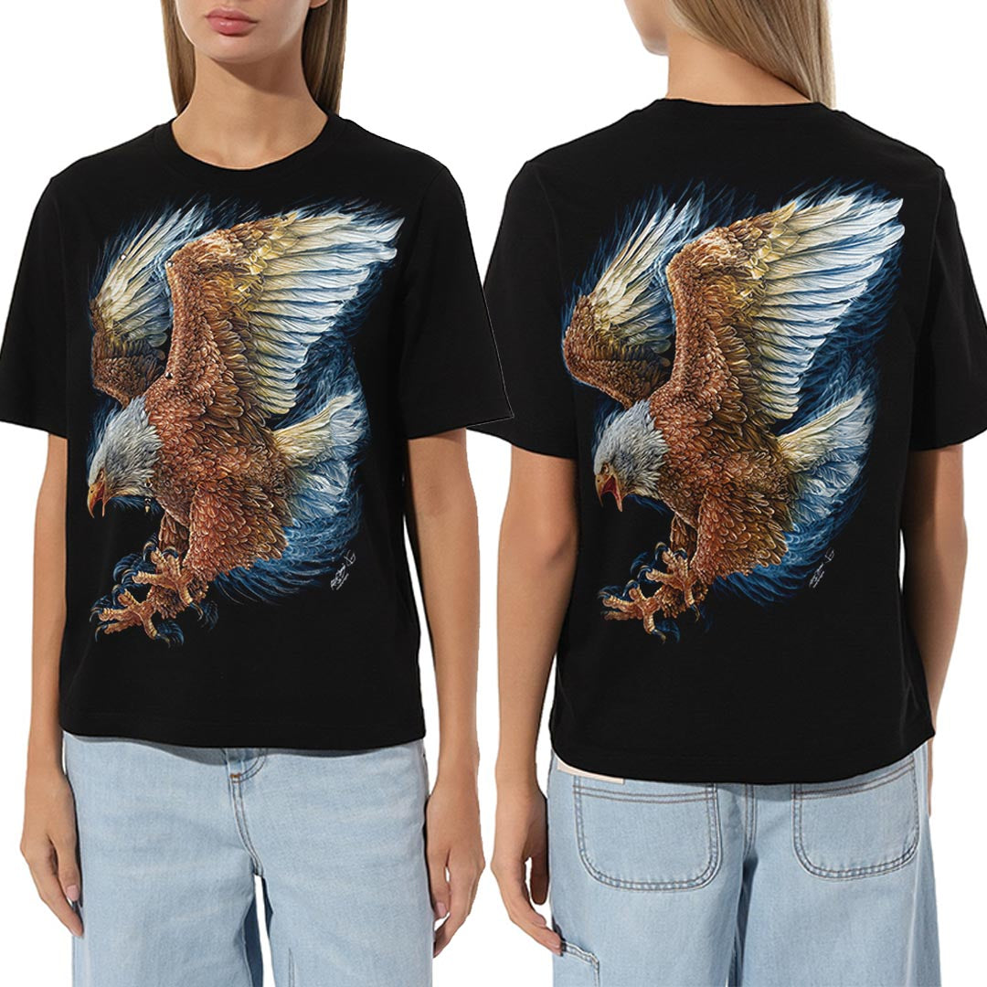 Schwarzes T-Shirt mit Adler-Print, Vorder- und Rückseite