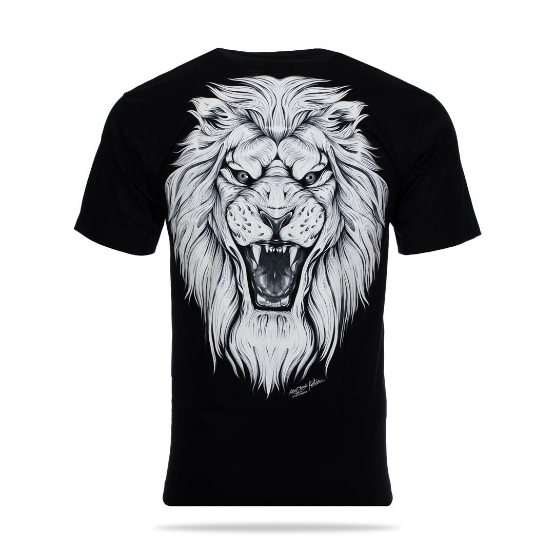 Schwarzes T-Shirt mit Weißem Löwen Piercing-Print, Rückseite 