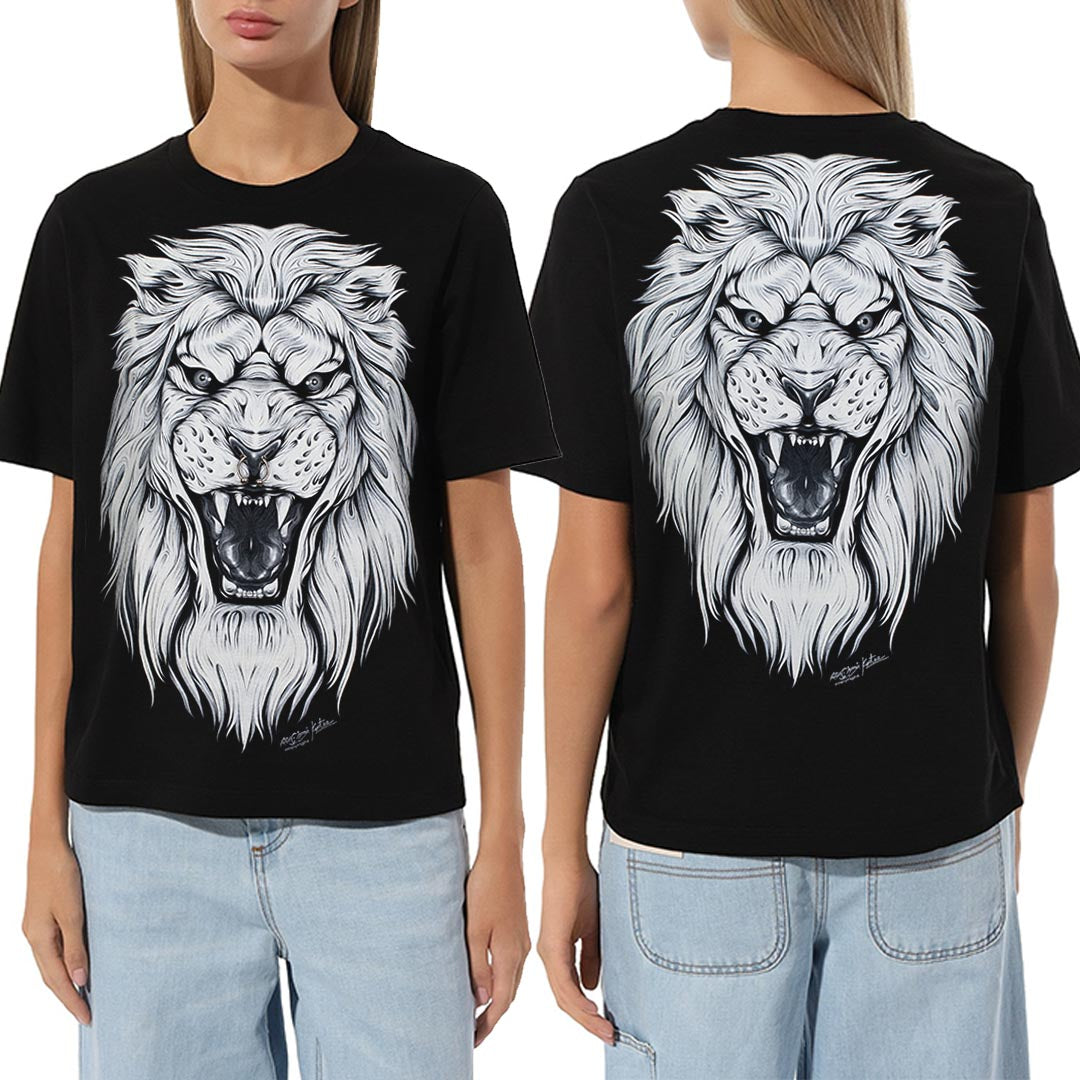 Schwarzes T-Shirt mit Weißem Löwen Piercing-Print, Vorder- und Rückseite 