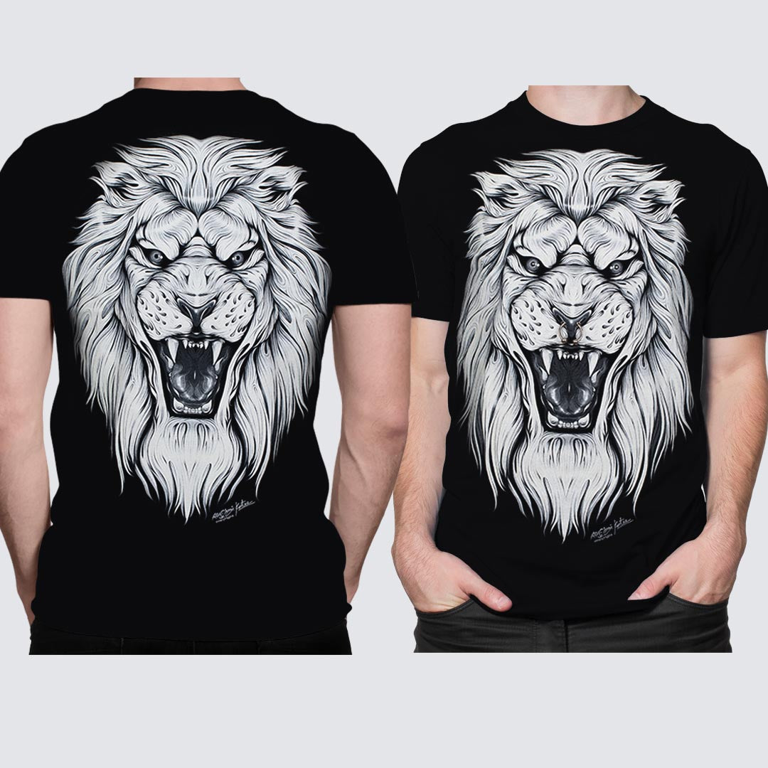 Schwarzes T-Shirt mit Weißem Löwen Piercing-Print, Vorder- und Rückseite