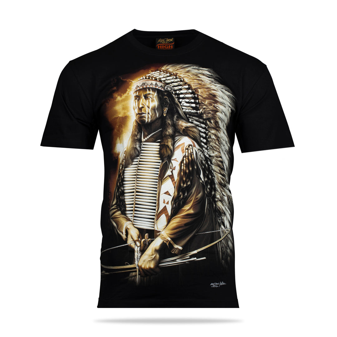 Schwarzes T-Shirt mit Native American Krieger mit Pfeil und Bogen, Vorderseite