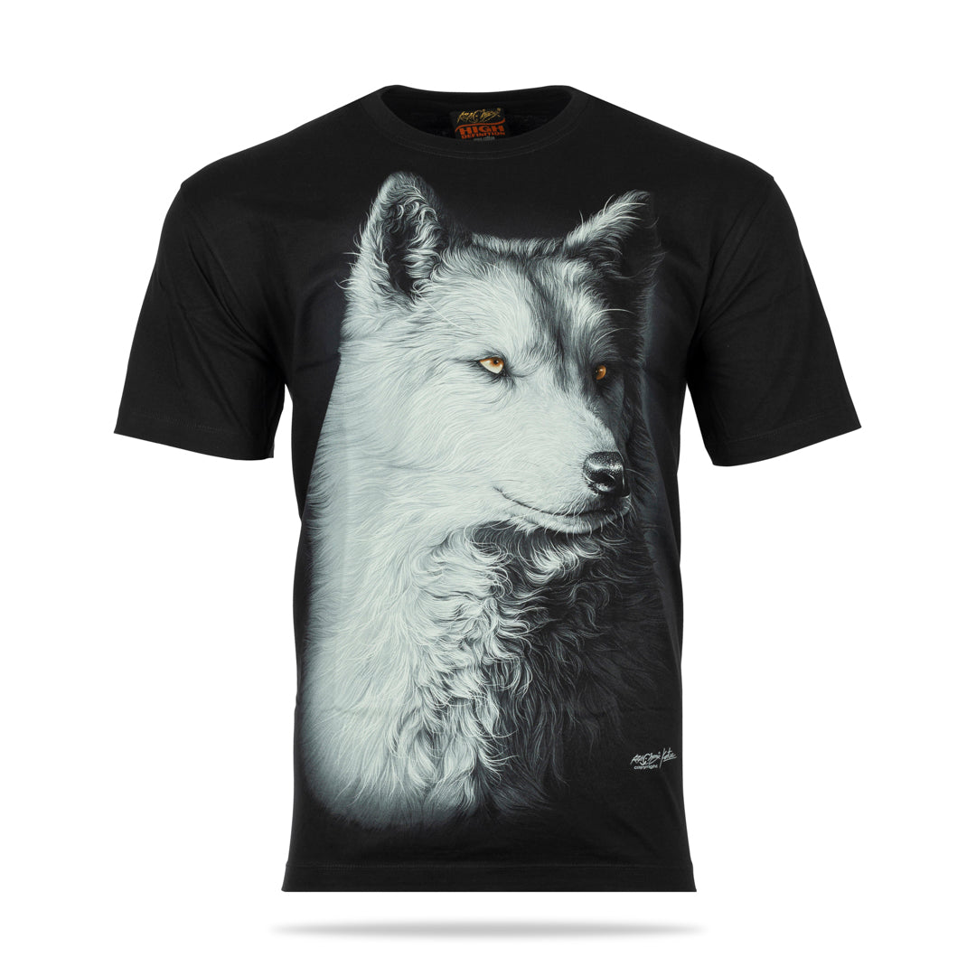 Schwarzes T-Shirt mit Weisser Wolf-Print, Vorderseite