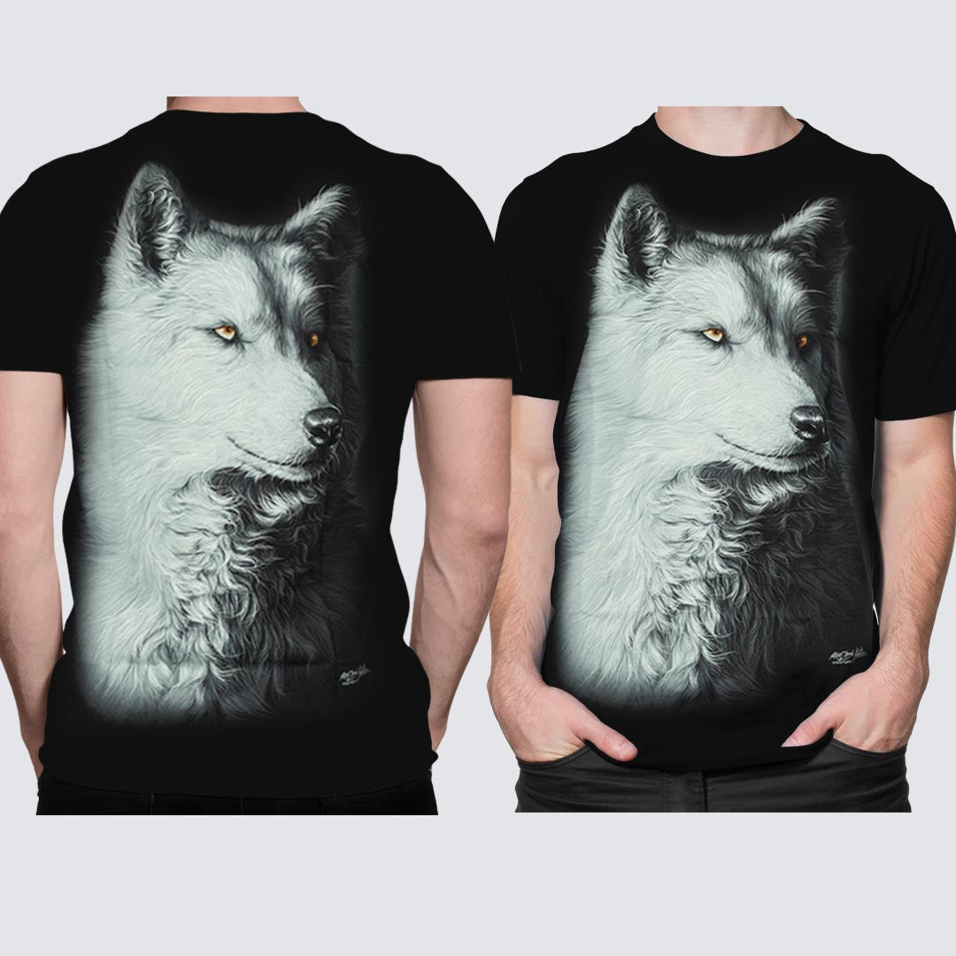Schwarzes T-Shirt mit Weisser Wolf-Print, Vorder- und Rückseite