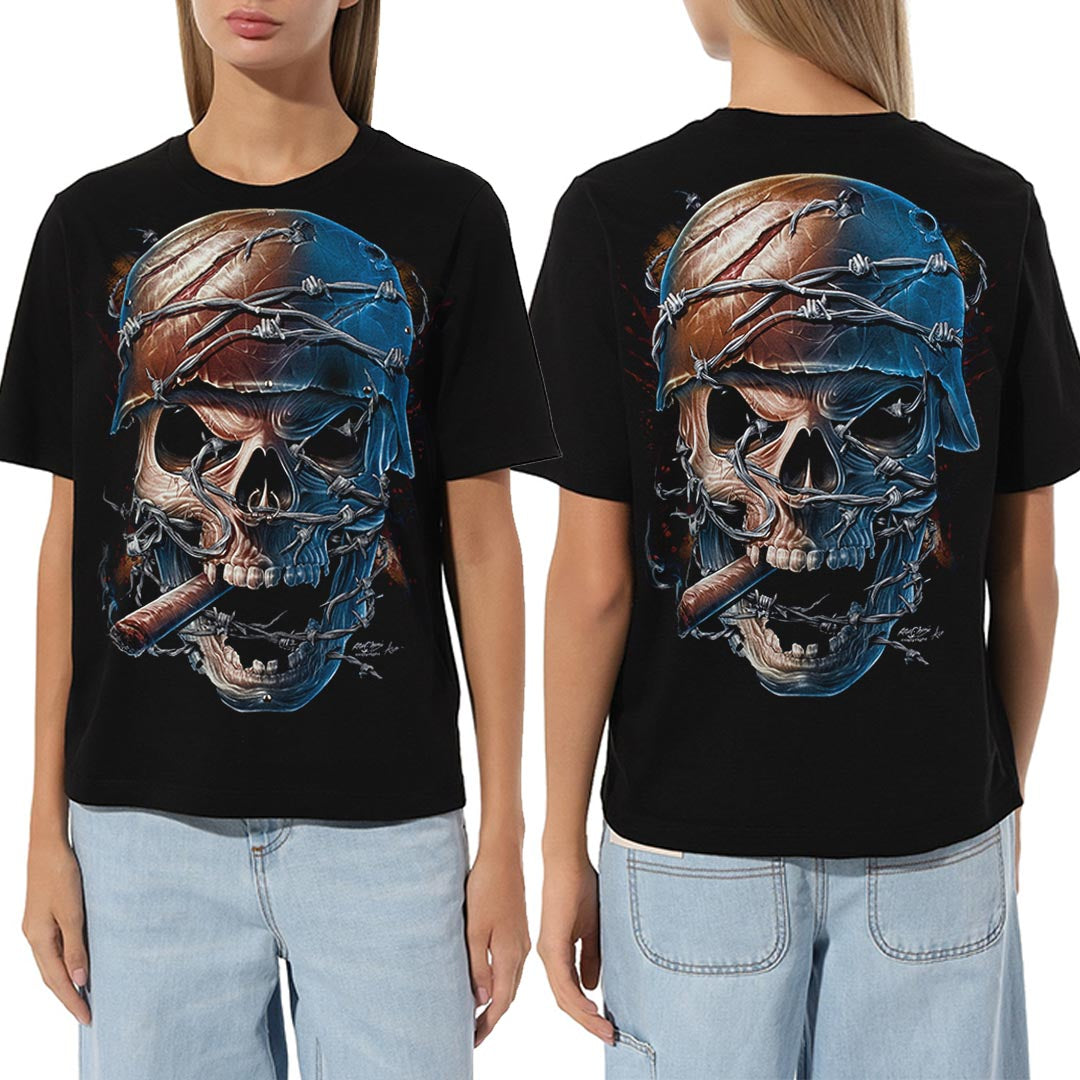 Schwarzes T-Shirt mit Totenkopf Helm-Print, Vorder- und Rückseite