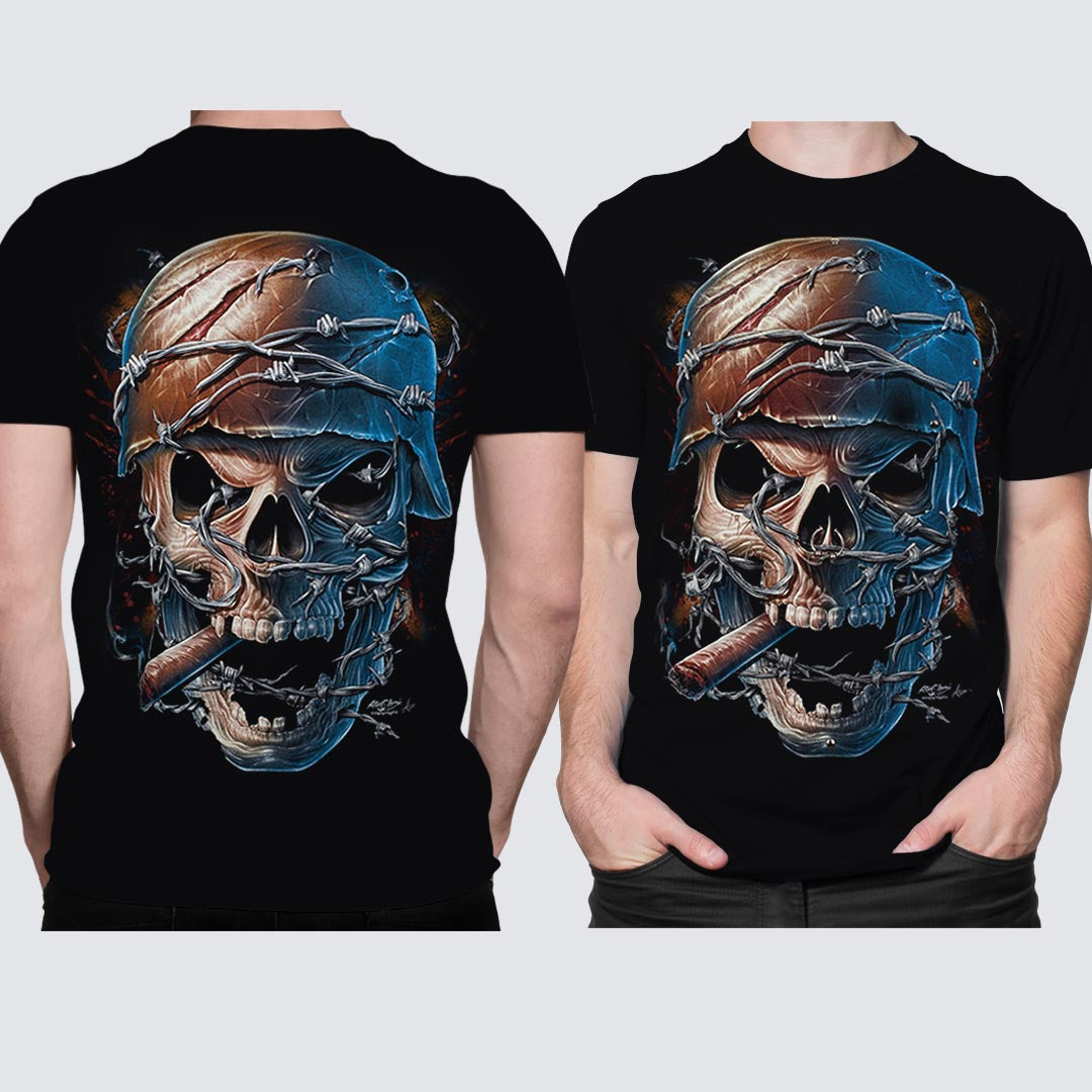 Schwarzes T-Shirt mit Totenkopf Helm-Print, Vorder- und Rückseite 