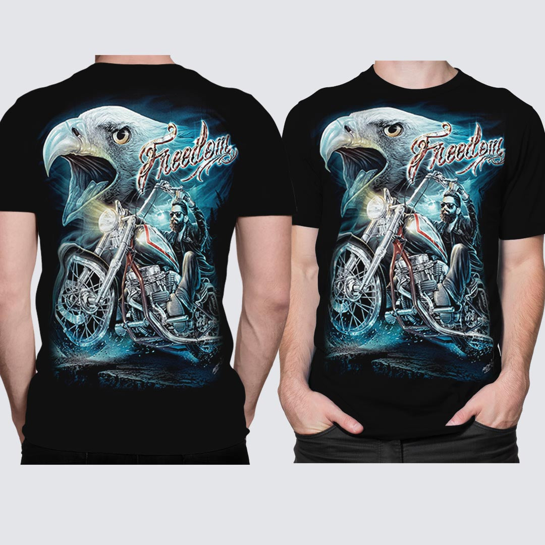 Schwarzes T-Shirt mit Adler Freedom Biker-Print, Vorder- und Rückseite
