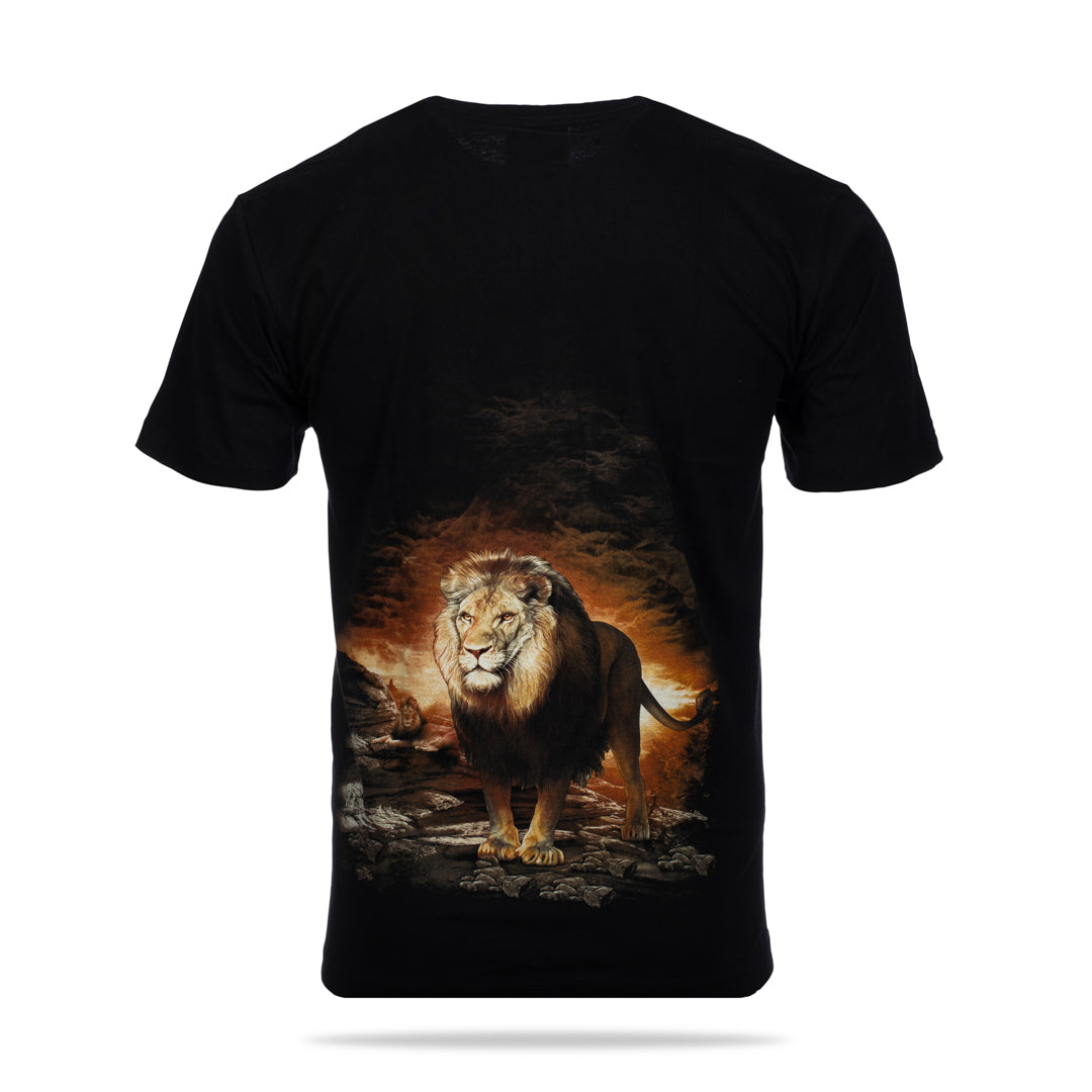 Schwarzes T-Shirt mit einem Löwen-Print, Rückseite 