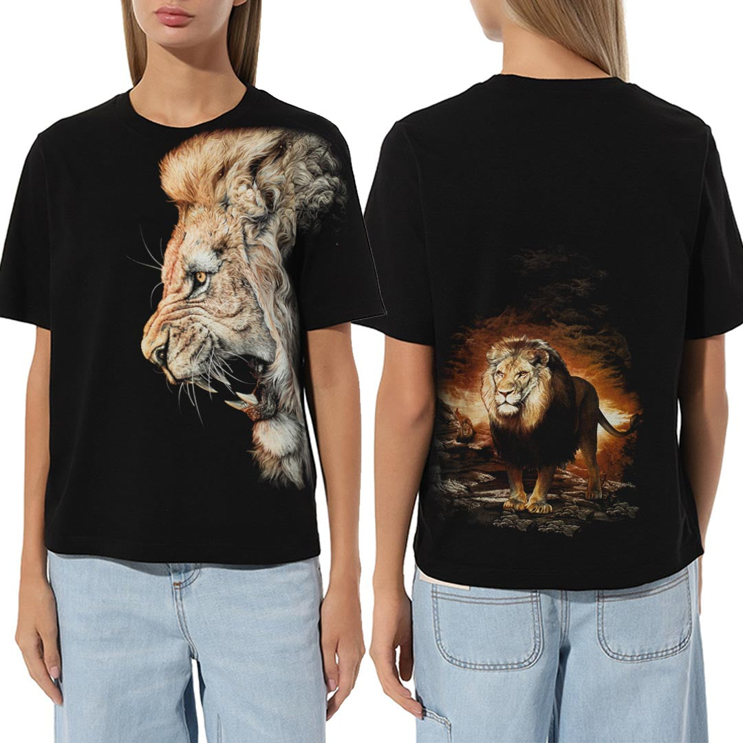 Schwarzes T-Shirt mit einem Löwen-Print, Vorder- und Rückseite