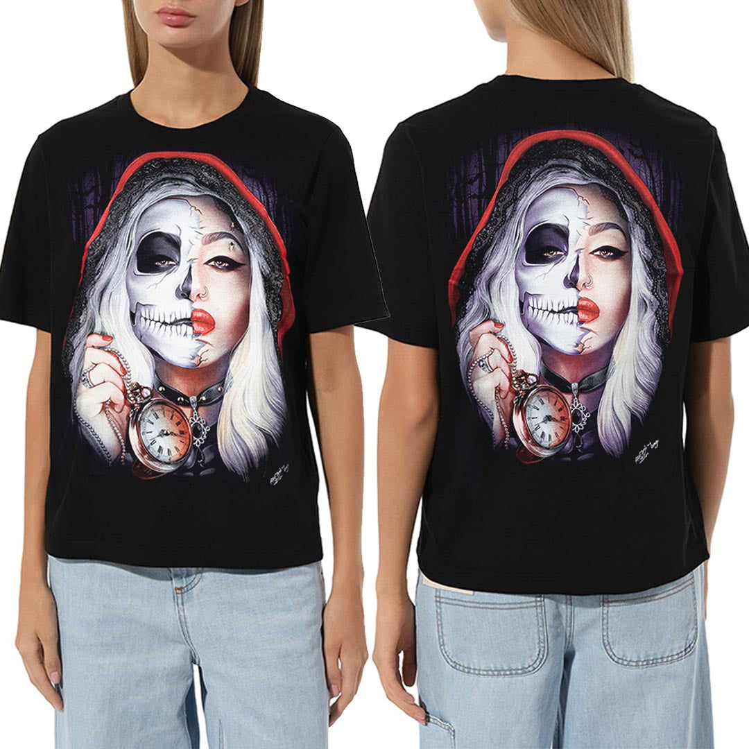 Schwarzes T-Shirt mit Timeout-Print, Vorder- und Rückseite
