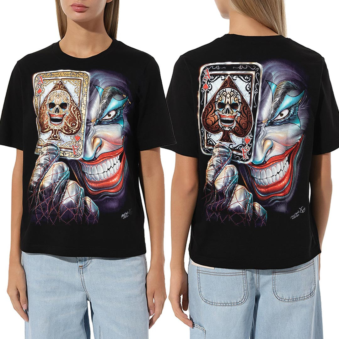 Schwarzes T-Shirt mit Pokerface-Print, Vorder- und Rückseite
