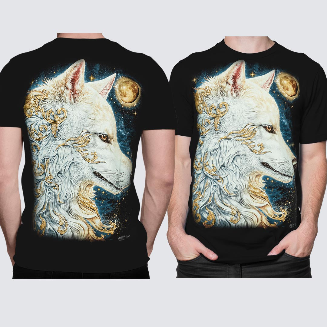 Schwarzes T-Shirt mit Weißer Wolf Goldmond-Print, Vorder- und Rückseite