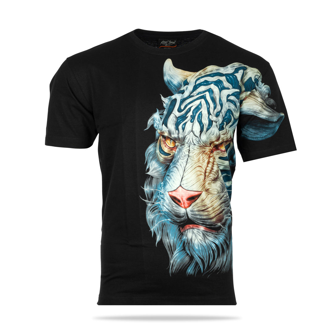 Schwarzes T-Shirt mit Weißblauem Tiger-Print, Vorderseite 