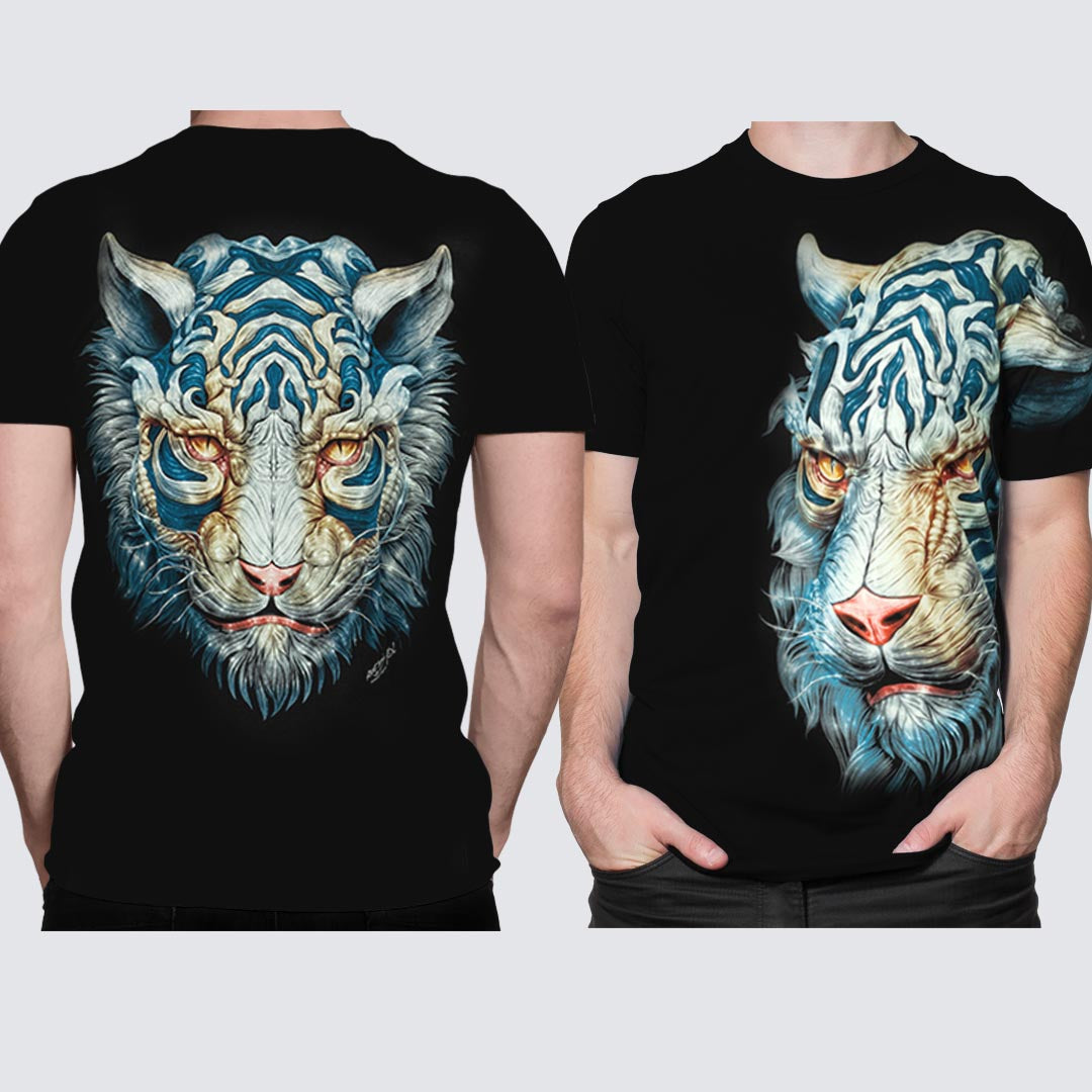 Schwarzes T-Shirt mit Weißblauem Tiger-Print, Vorder- und Rückseite