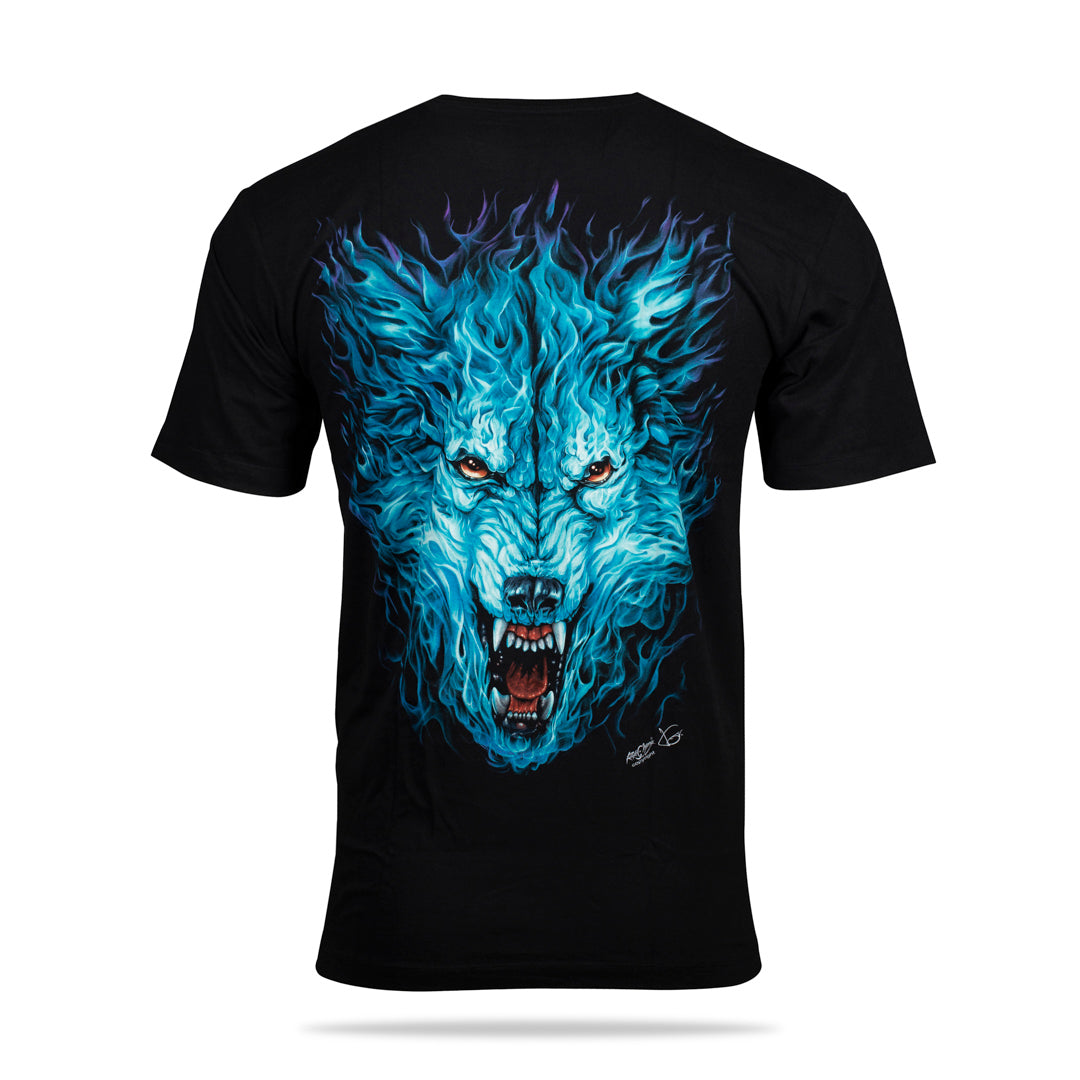 Schwarzes T-Shirt mit Wolf Flammen-Print, Rückseite