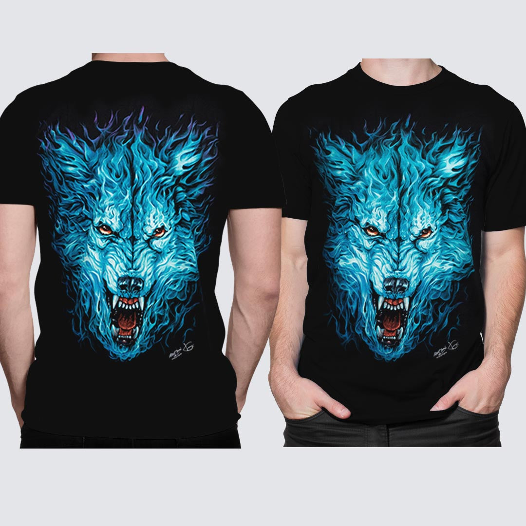 Schwarzes T-Shirt mit Wolf Flammen-Print, Vorder- und Rückseite
