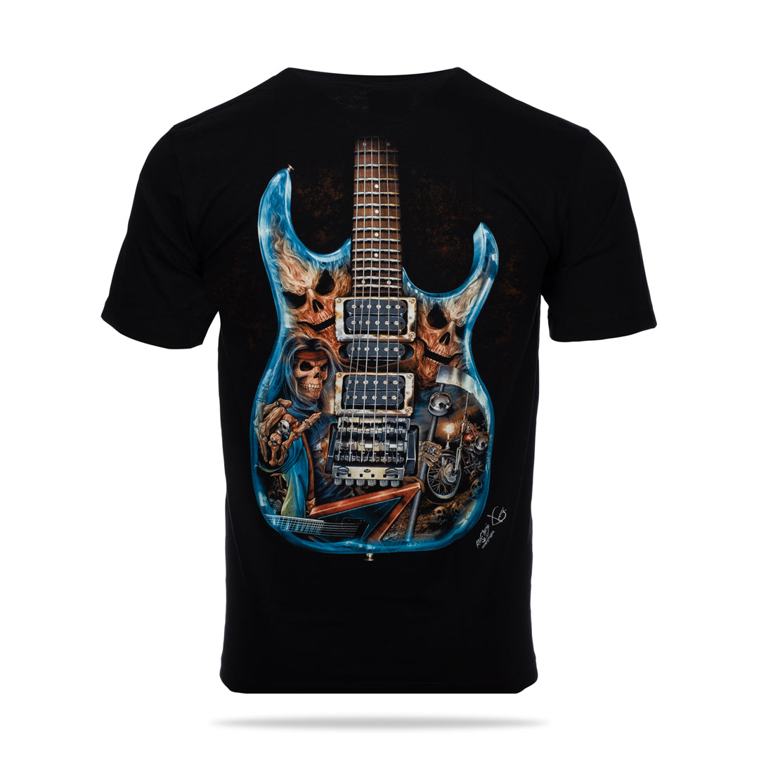 Schwarzes T-Shirt mit E-Gitarre-Print, Rückseite