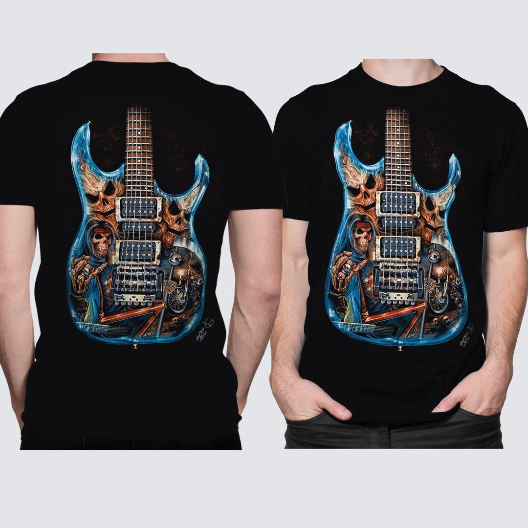 Schwarzes T-Shirt mit E-Gitarre-Print, Vorder- und Rückseite