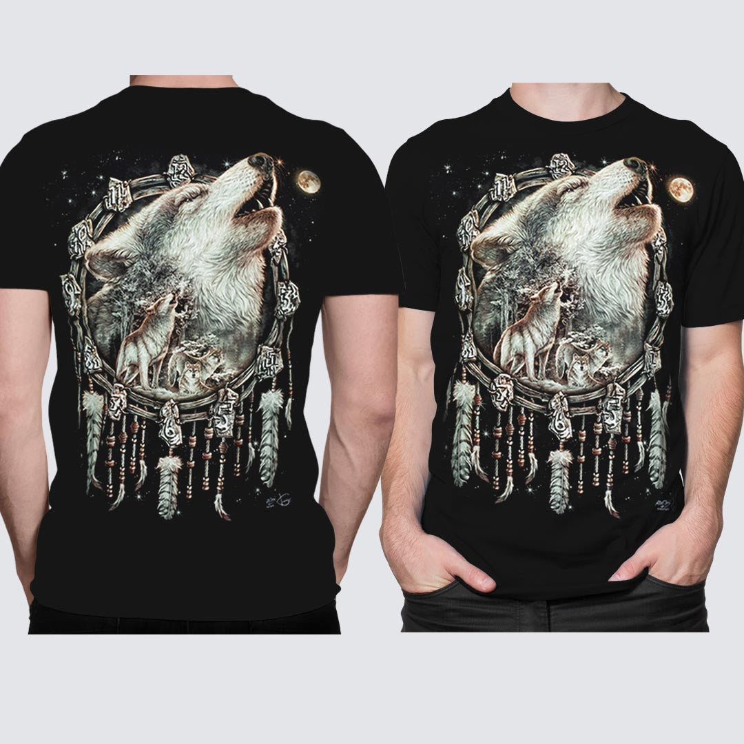 Schwarzes T-Shirt mit Wolf Traumfänger-Print, Vorder- und Rückseite