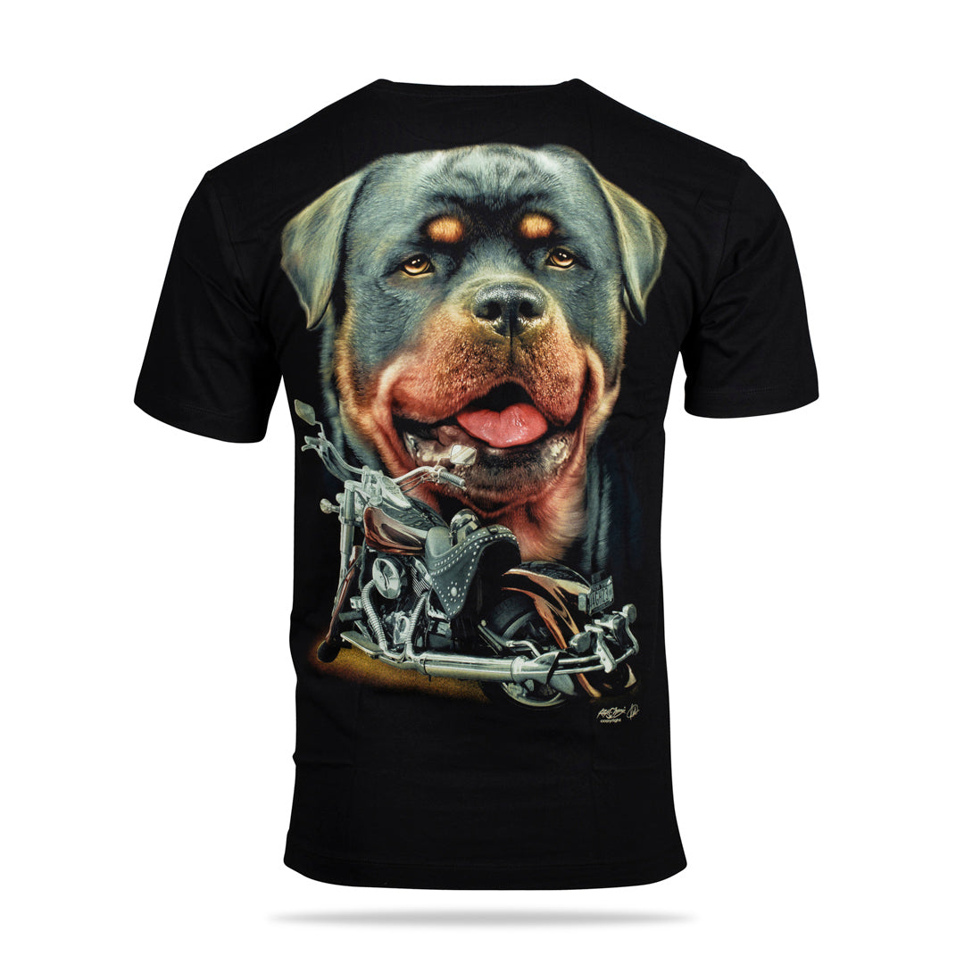 Schwarzes T-Shirt mit Rottweiler und Harley Davidson, Rückseite 