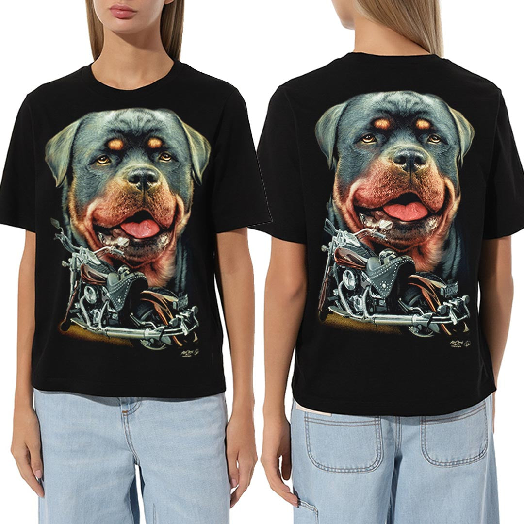 Schwarzes T-Shirt mit Rottweiler und Harley Davidson, Vorder- und Rückseite