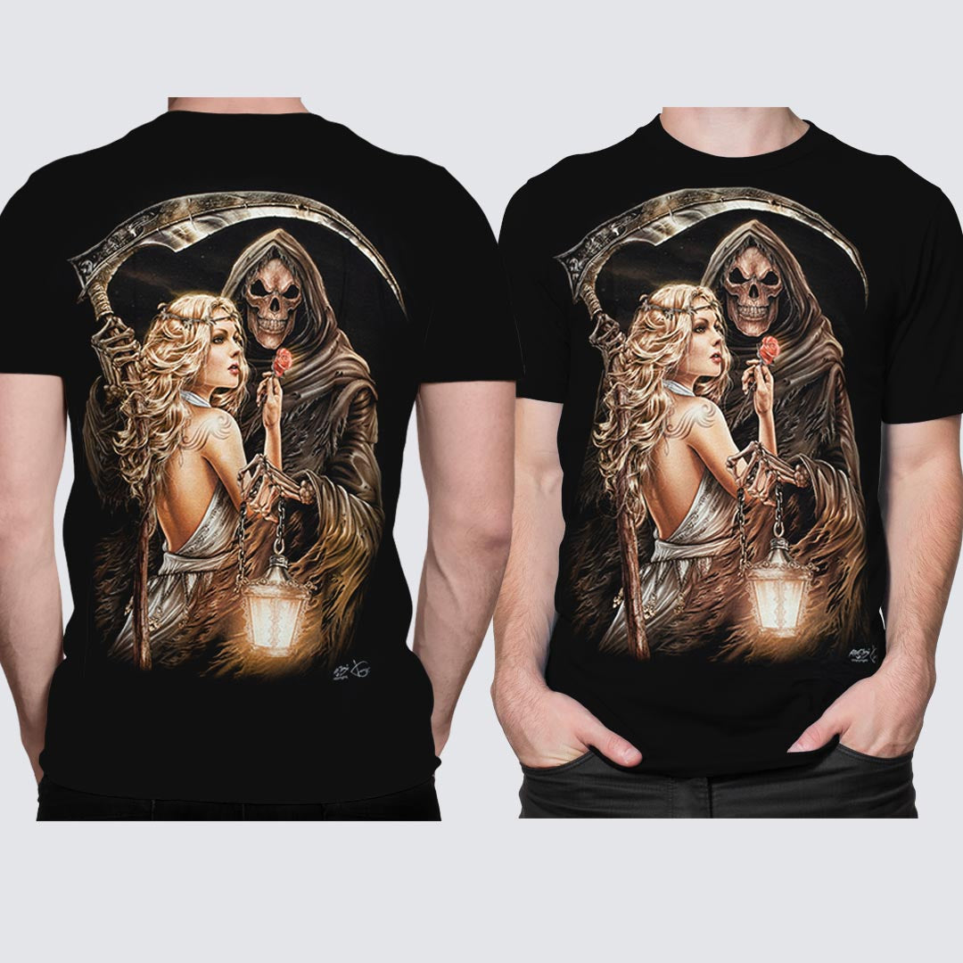 Schwarzes T-Shirt mit Reapers Love-Print, Vorder- und Rückseite