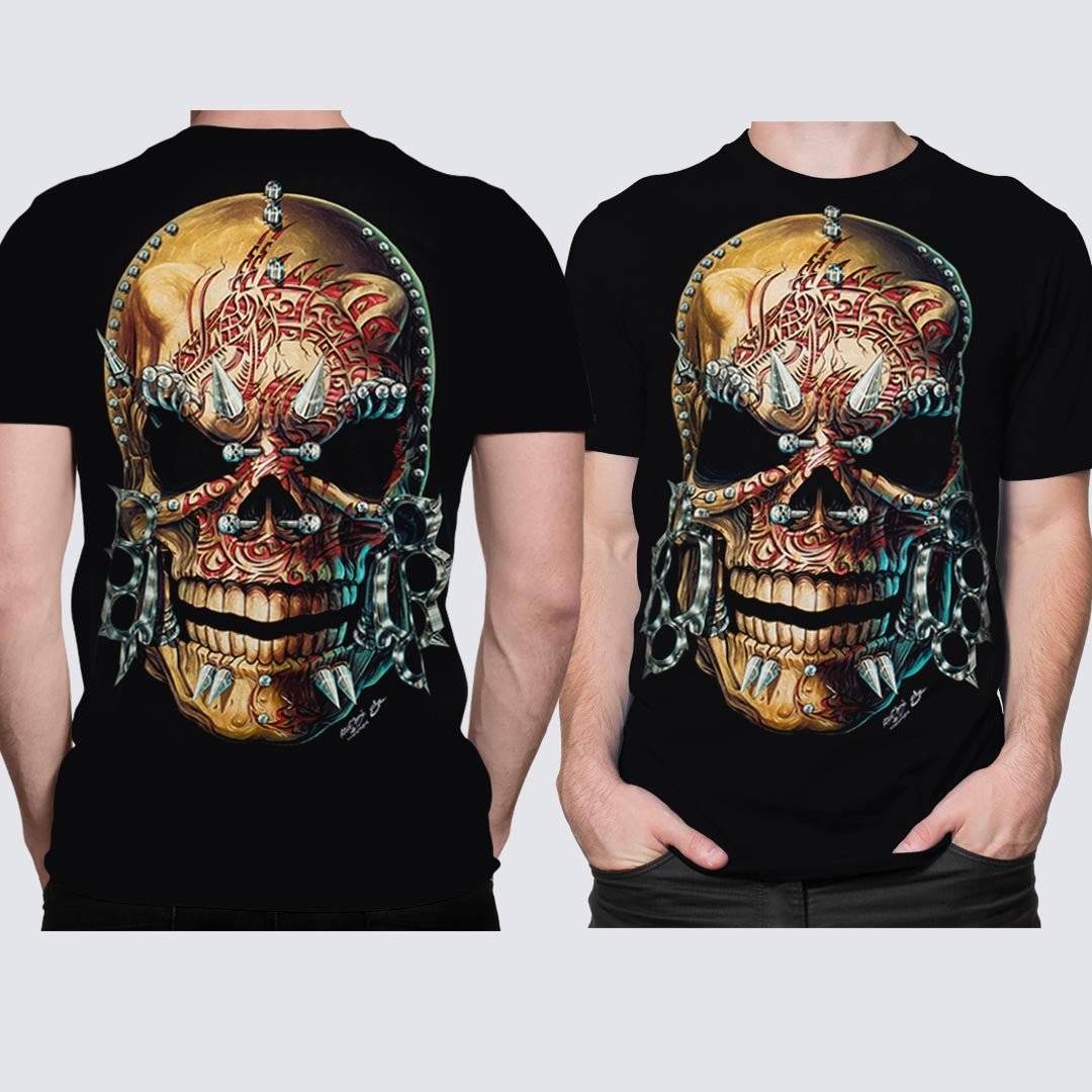 Schwarzes T-Shirt mit Totenkopf 4-Ringe-Print, Vorder- und Rückseite 